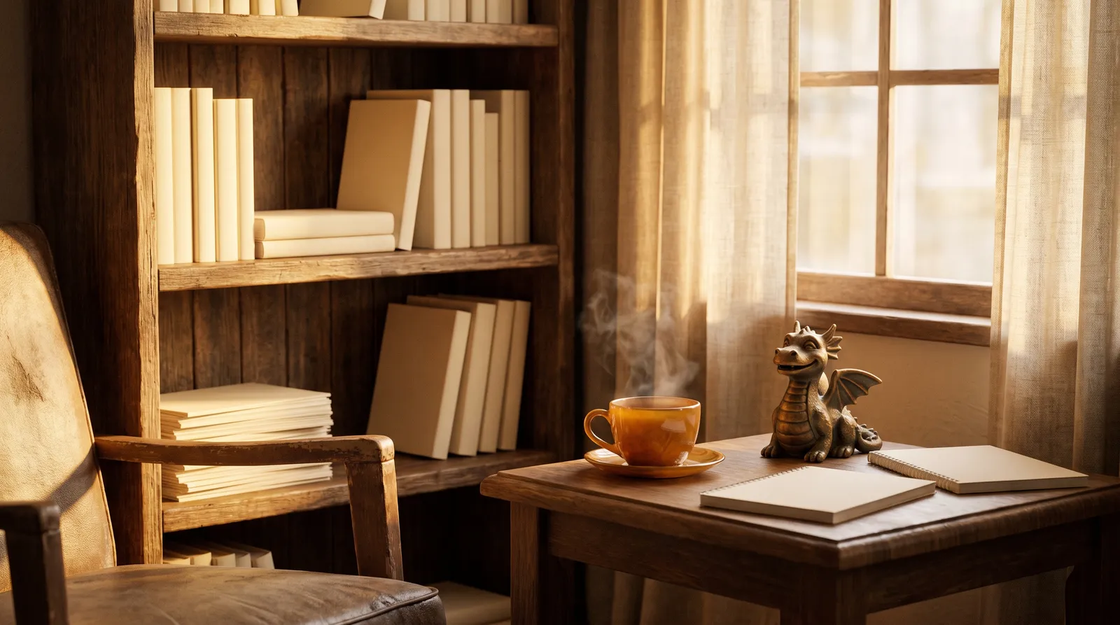 Cosy café with a bookshelf, a steaming cup and a small dragon figurine in warm afternoon light