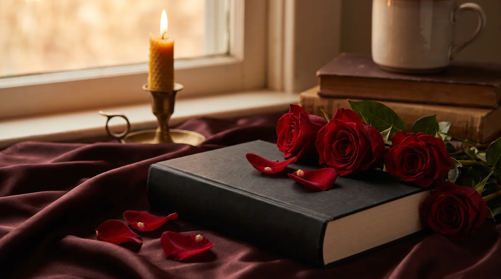 Libro negro con rosas rojo oscuro sobre terciopelo granate, una vela junto a una ventana al fondo