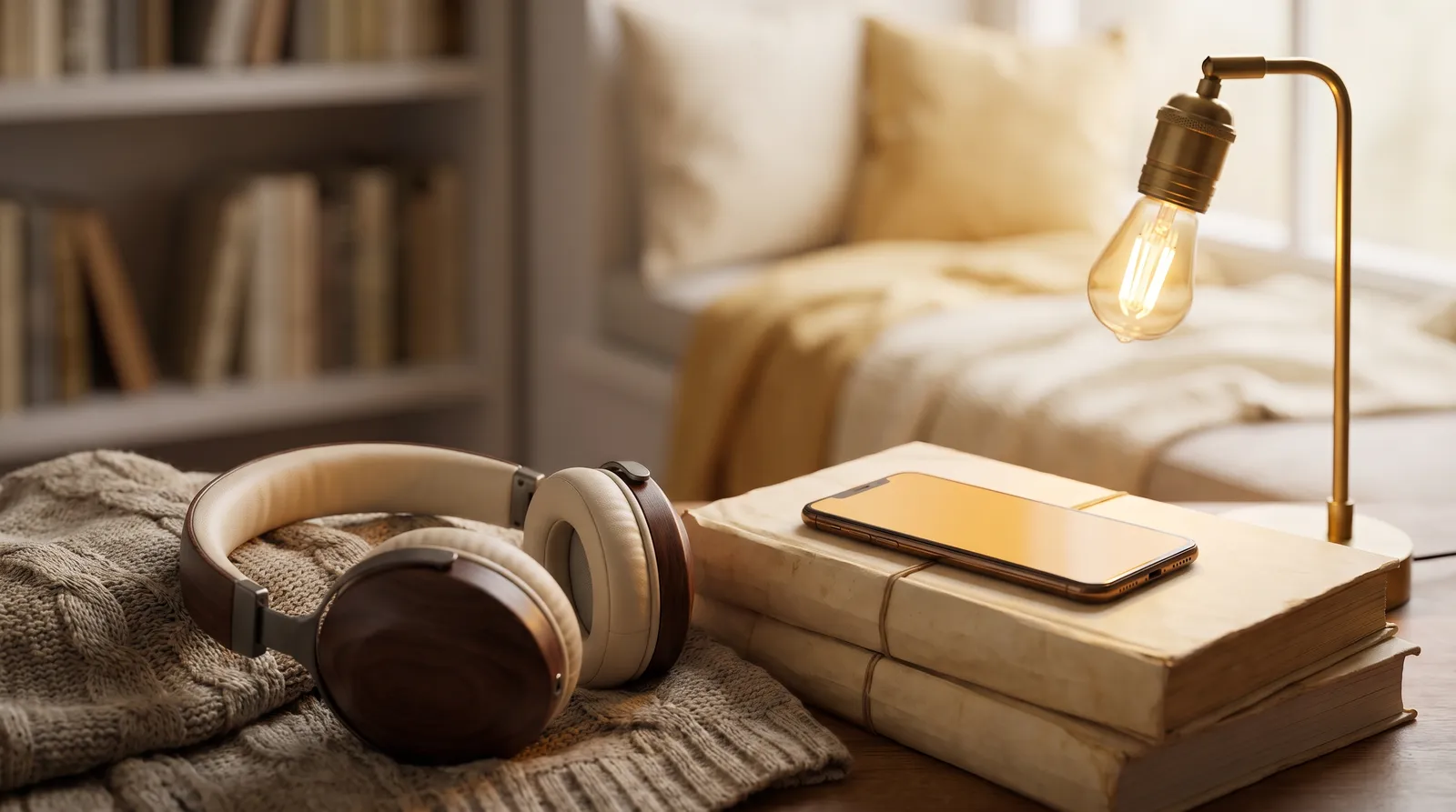 Cosy reading nook with headphones, a short stack of books and a phone showing an audiobook, in warm light