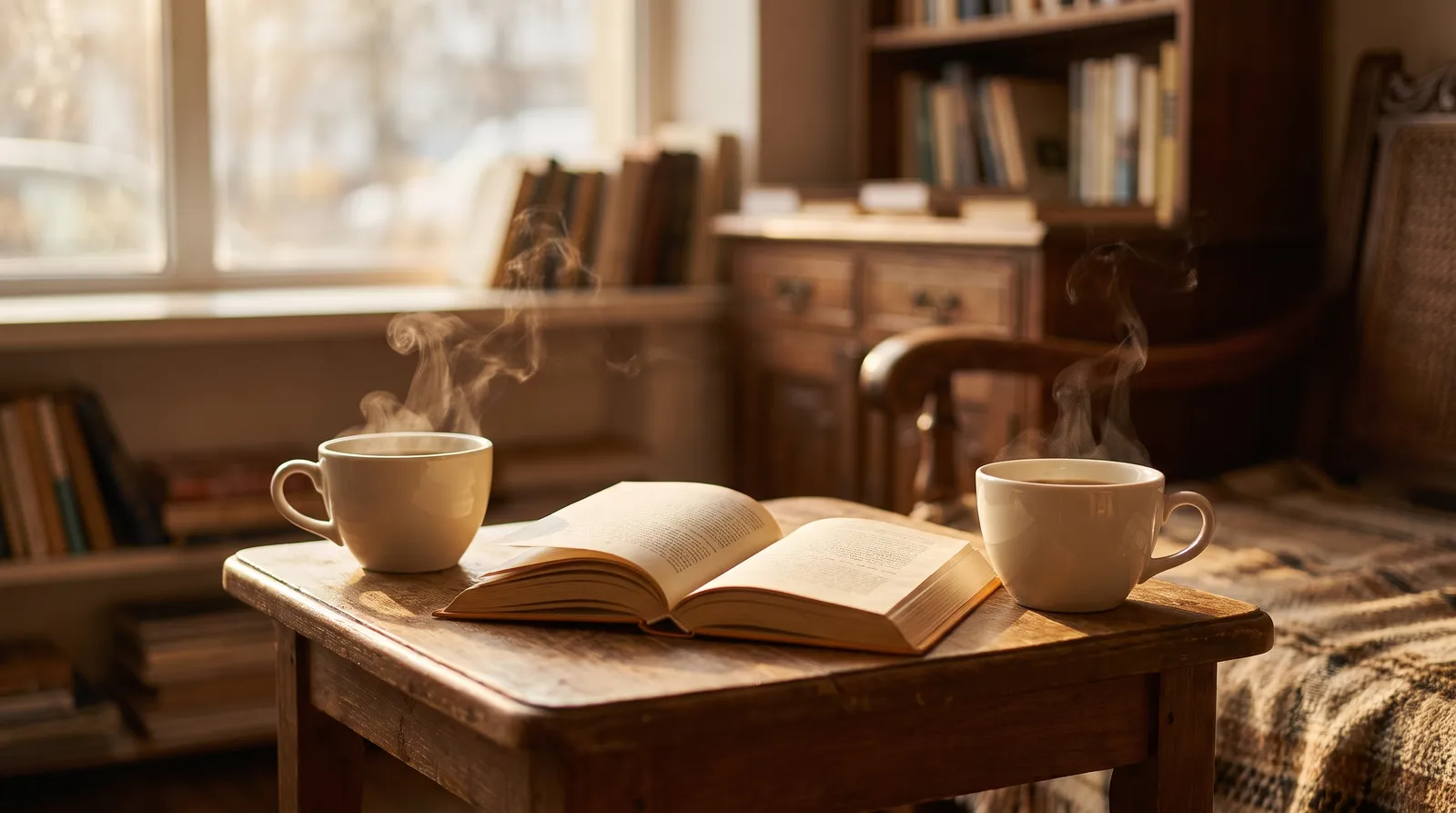 Two steaming coffee cups facing each other on a café table with an open paperback between them