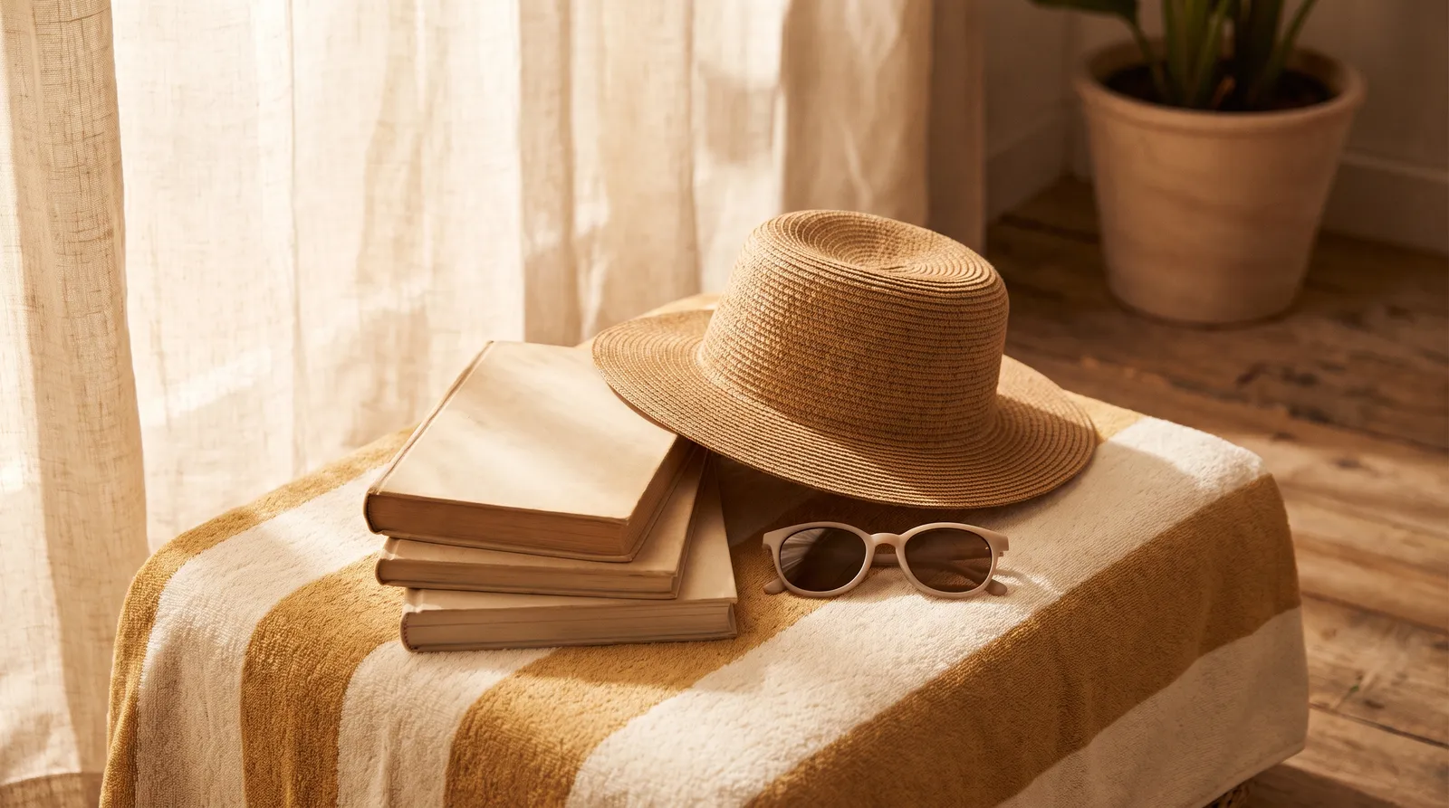 Stack of books, sun hat and sunglasses on a beach towel in warm summer light