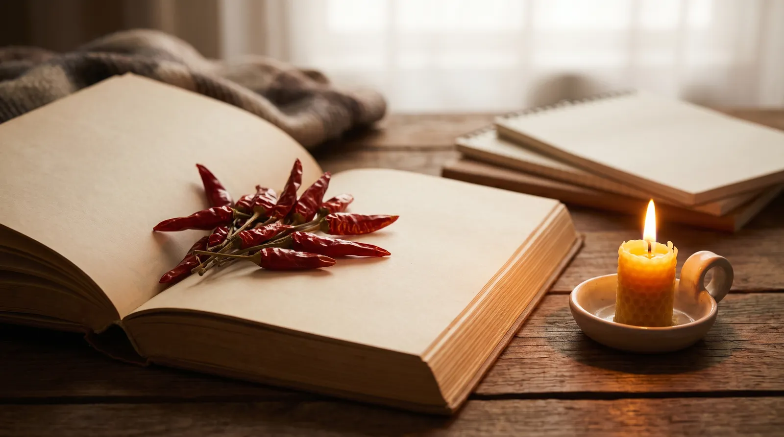 Dried red chilli peppers on an open book beside a candle in warm light